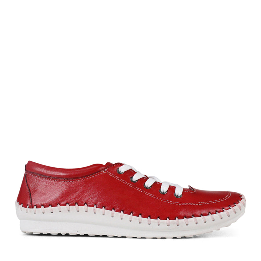 SIDE VIEW OF RED LACE UP CASUAL SHOE WITH WHITE STITCH DETAIL ACROSS THE TOP OF THE SOLE