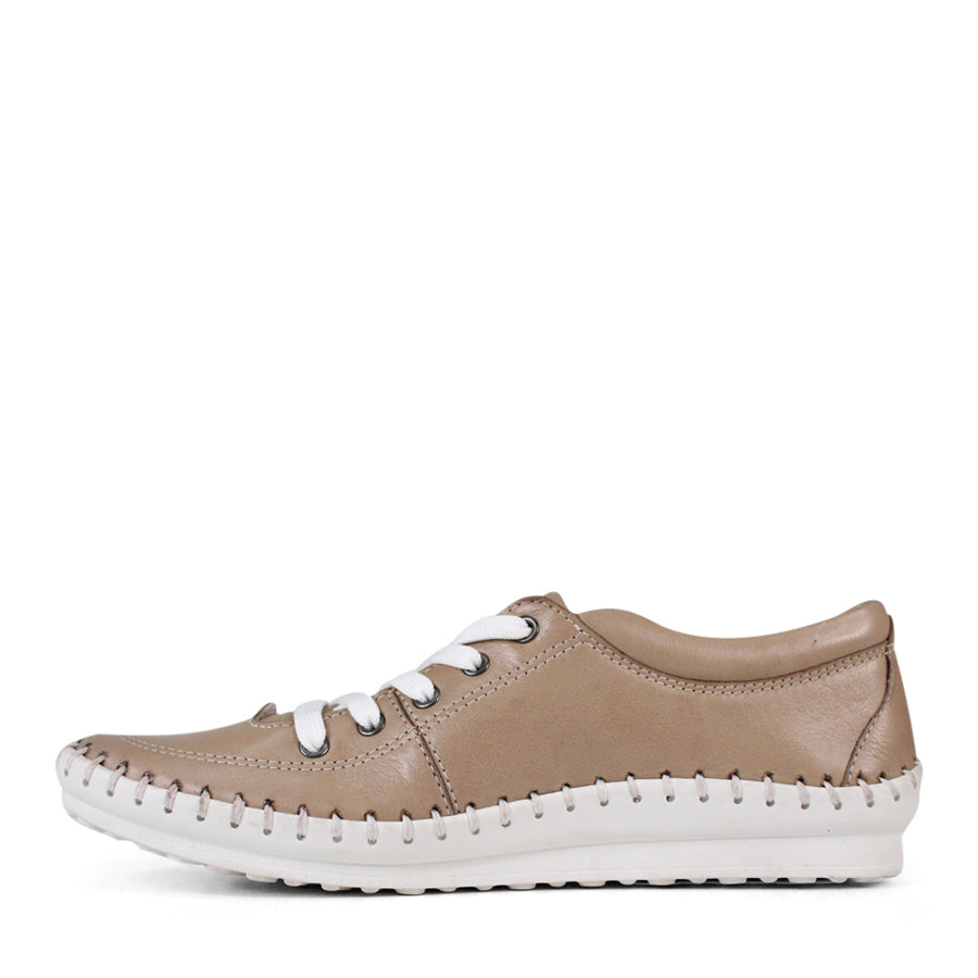 SIDE VIEW OF GREY LACE UP CASUAL SHOE WITH WHITE STITCH DETAIL ACROSS THE TOP OF THE SOLE