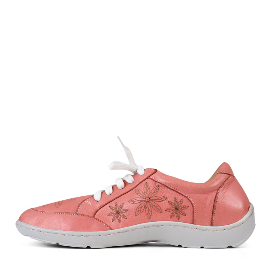 SIDE VIEW OF PINK LACE UP CASUAL SHOE WITH WHITE SOLE AND WHITE STITCHING. FLOWERS ON THE SIDES AND TOP OF THE SHOE 