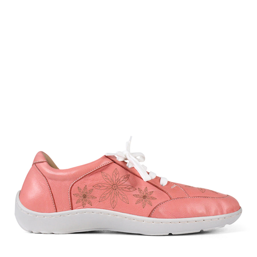 SIDE VIEW OF PINK LACE UP CASUAL SHOE WITH WHITE SOLE AND WHITE STITCHING. FLOWERS ON THE SIDES AND TOP OF THE SHOE 