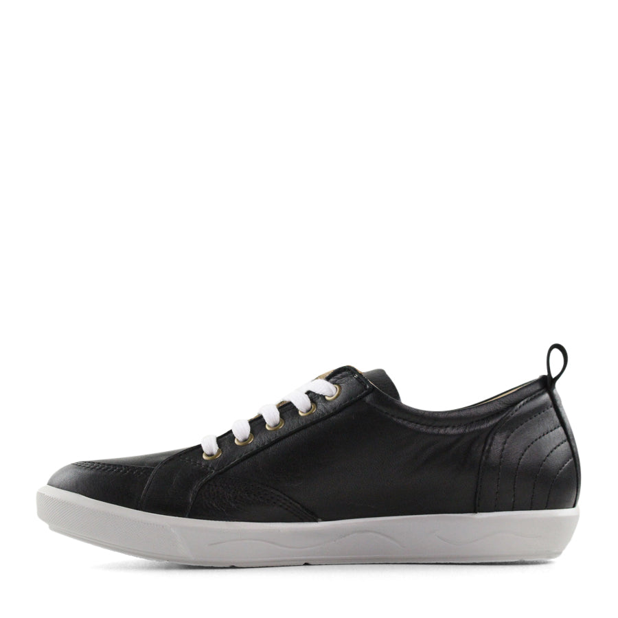 SIDE VIEW OF BLACK LACE UP SNEAKER WITH WHITE SOLE 