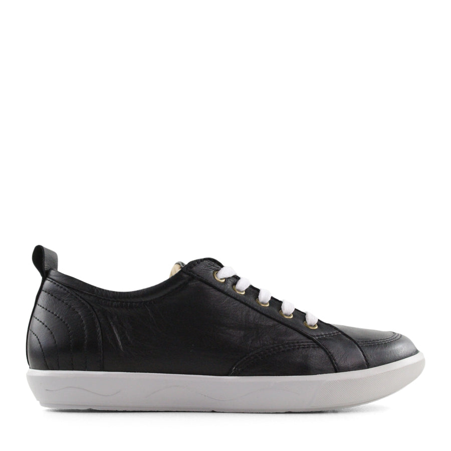 SIDE VIEW OF BLACK LACE UP SNEAKER WITH WHITE SOLE 