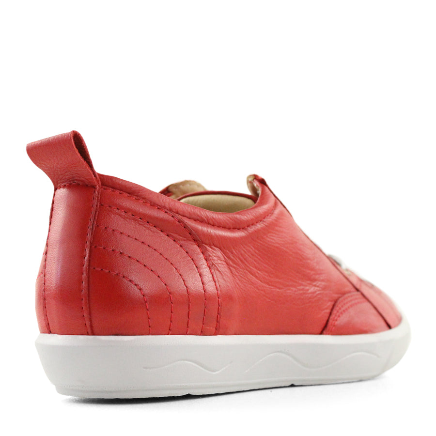 BACK VIEW OF RED LACE UP SNEAKER WITH WHITE SOLE 