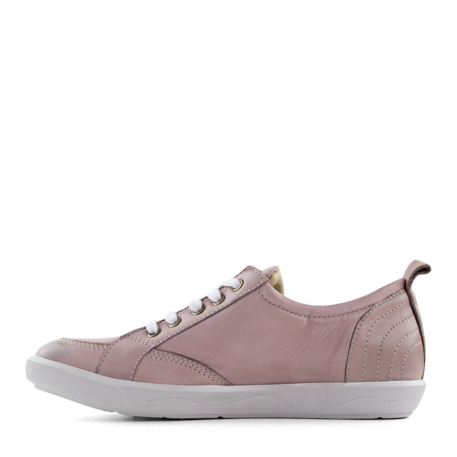 SIDE VIEW OF PINK LACE UP SNEAKER WITH LIGHT STITCHING AND SOLE 