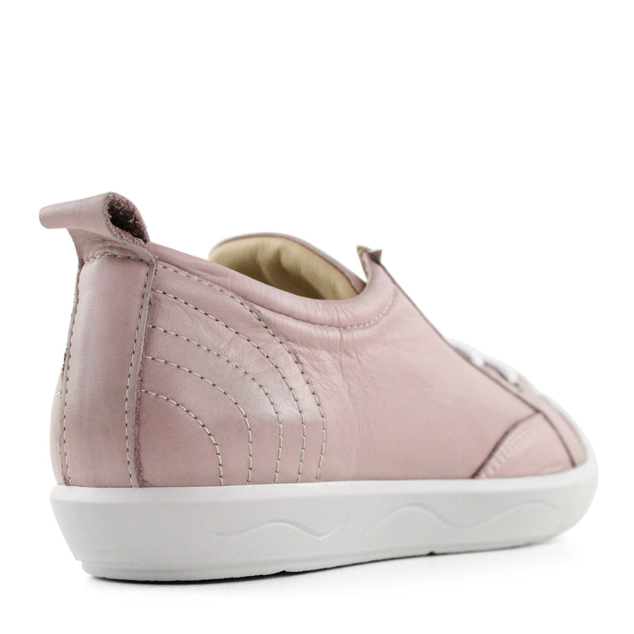 BACK VIEW OF PINK LACE UP SNEAKER WITH LIGHT STITCHING AND SOLE 