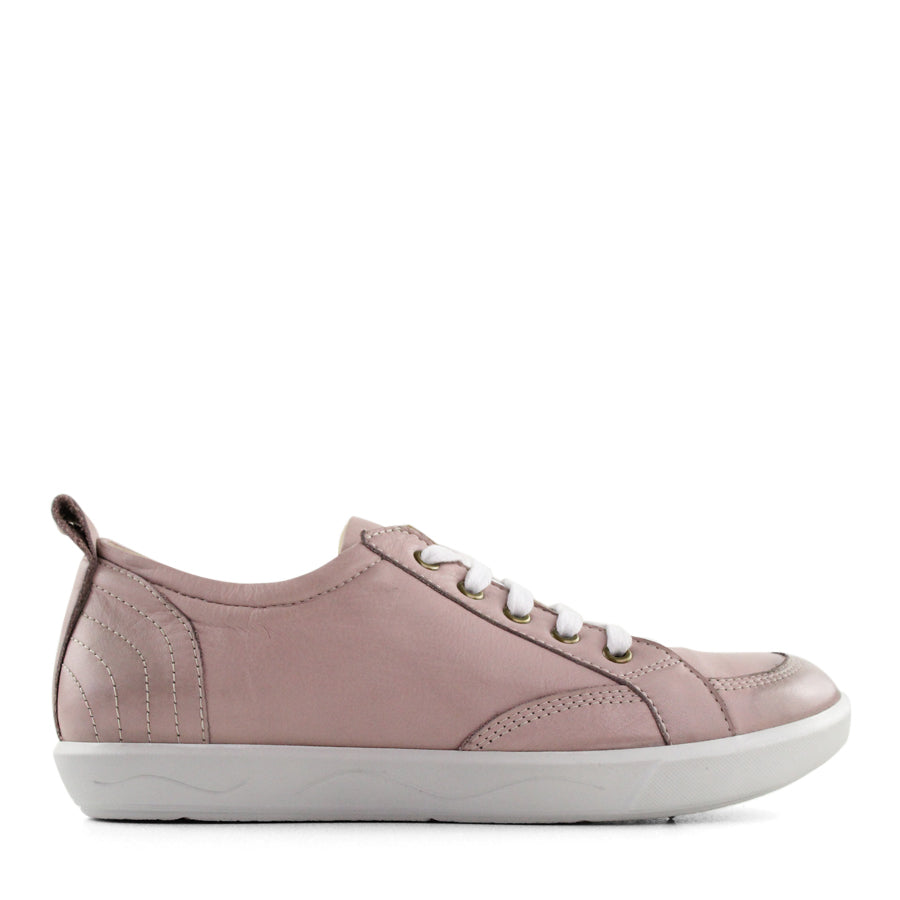 SIDE VIEW OF PINK LACE UP SNEAKER WITH LIGHT STITCHING AND SOLE 