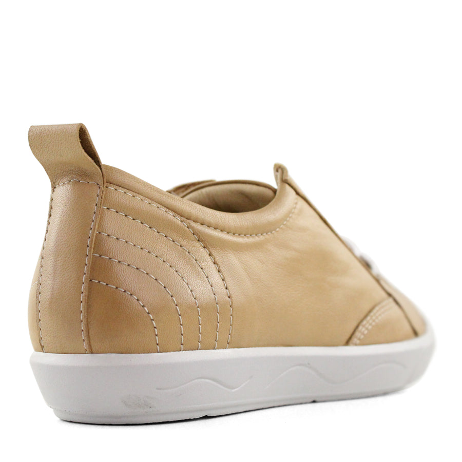 BACK VIEW OF BEIGE LACE UP SNEAKER WITH LIGHT STITCHING AND SOLE 