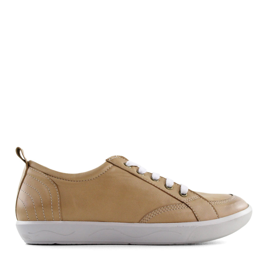 SIDE VIEW OF BEIGE LACE UP SNEAKER WITH LIGHT STITCHING AND SOLE 
