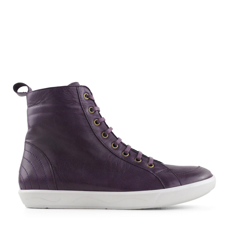 SIDE VIEW OF PURPLE LACE UP ANKLE BOOT WITH WHITE SOLE 