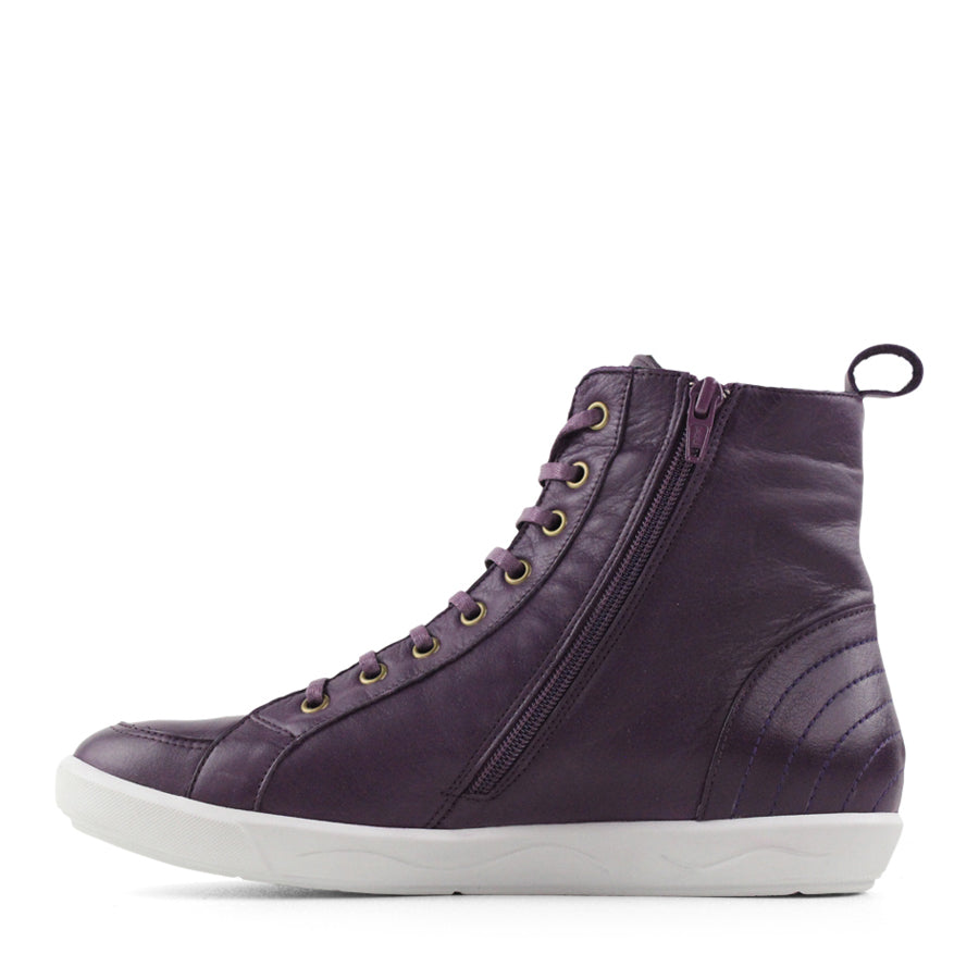 SIDE VIEW OF PURPLE LACE UP ANKLE BOOT WITH WHITE SOLE 
