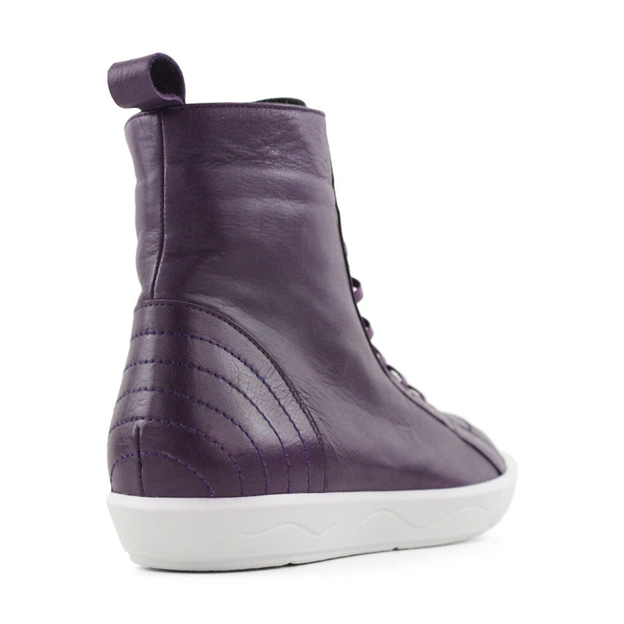 BACK VIEW OF PURPLE LACE UP ANKLE BOOT WITH WHITE SOLE 