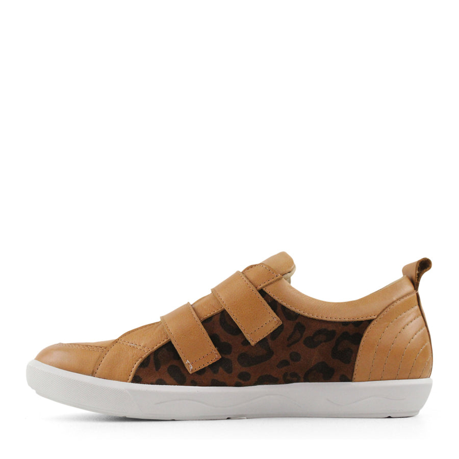 SIDE VIEW OF TAN CASUAL SHOE WITH TWO VELCRO STRAPS AND LEOPARD PRINT PANELLING