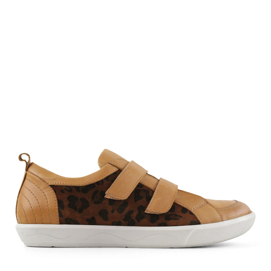 SIDE VIEW OF TAN CASUAL SHOE WITH TWO VELCRO STRAPS AND LEOPARD PRINT PANELLING