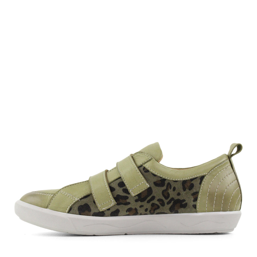 SIDE VIEW OF GREEN CASUAL SHOE WITH TWO VELCRO STRAPS AND LEOPARD PRINT PANELLING