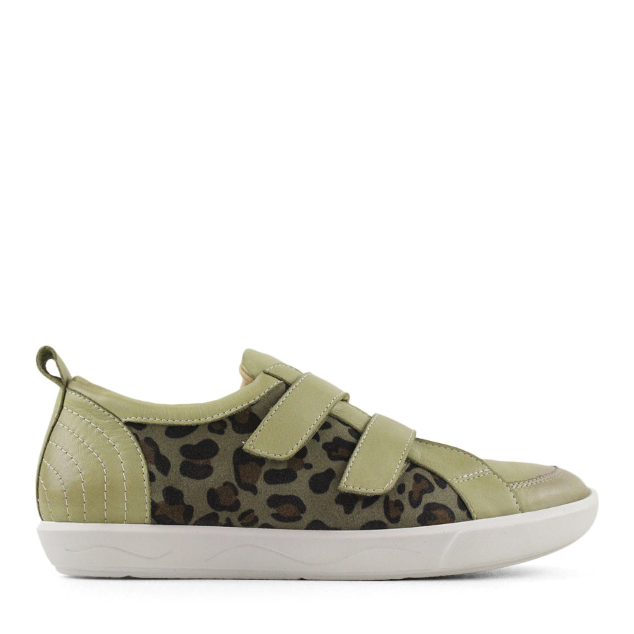 SIDE VIEW OF GREEN CASUAL SHOE WITH TWO VELCRO STRAPS AND LEOPARD PRINT PANELLING