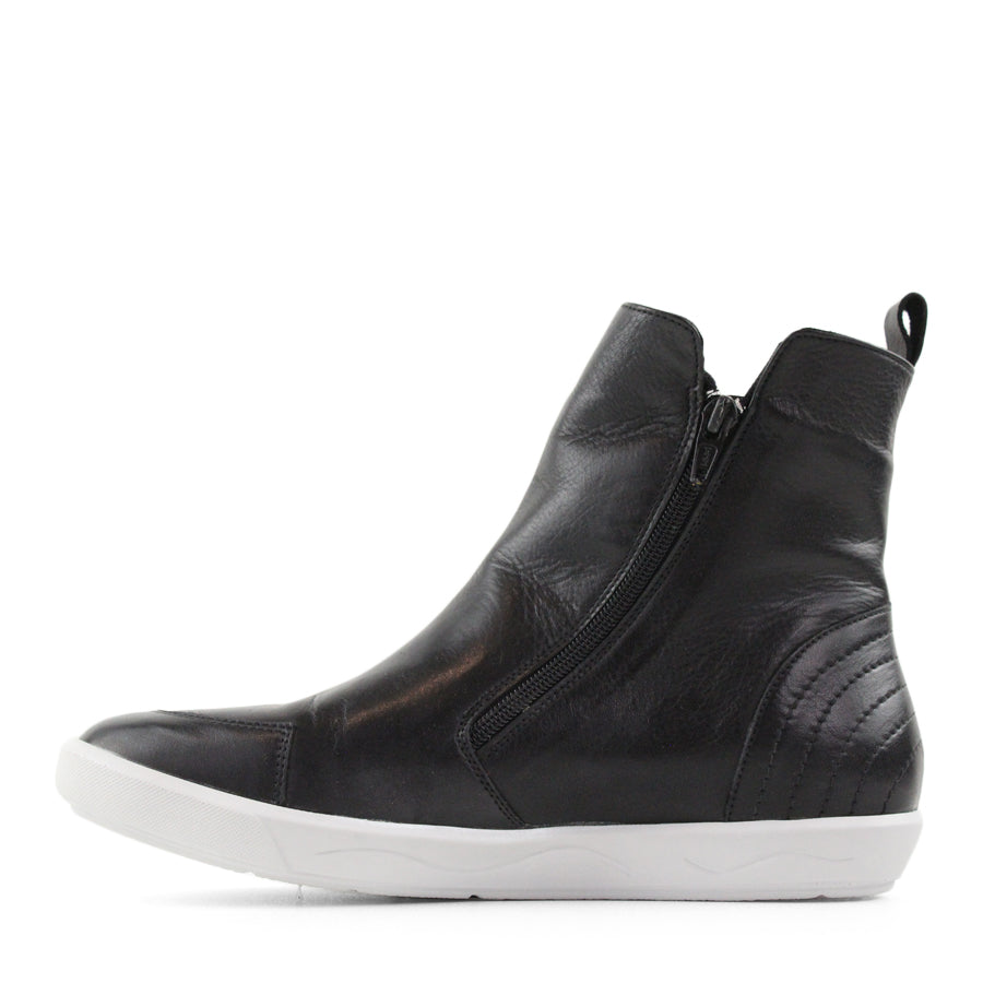 SIDE VIEW OF BLACK ZIP UP ANKLE BOOT WITH WHITE SOLE 