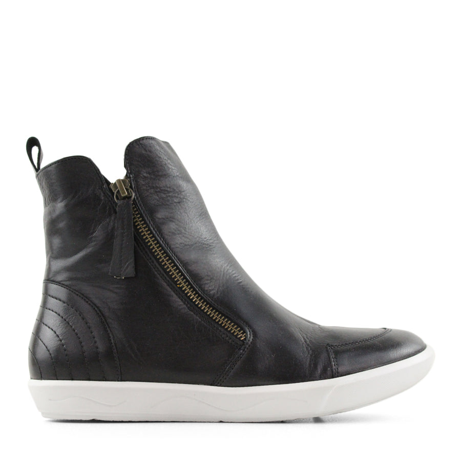 SIDE VIEW OF BLACK ZIP UP ANKLE BOOT WITH WHITE SOLE 
