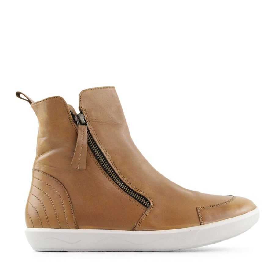 SIDE VIEW OF BLACK ZIP UP ANKLE BOOT WITH WHITE SOLE 