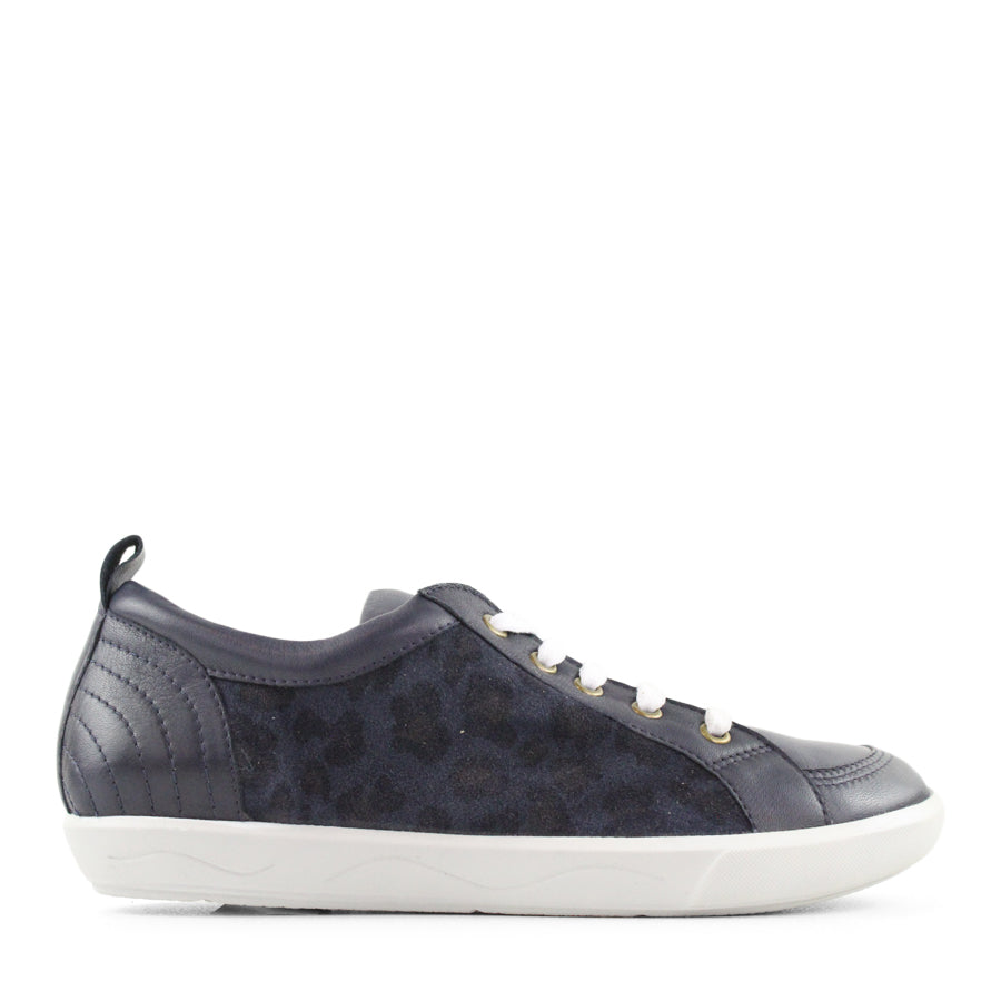 SIDE VIEW OF BLUE LACE UP SNEAKER WITH LEOPARD PRINT PANELS ON THE SIDES 