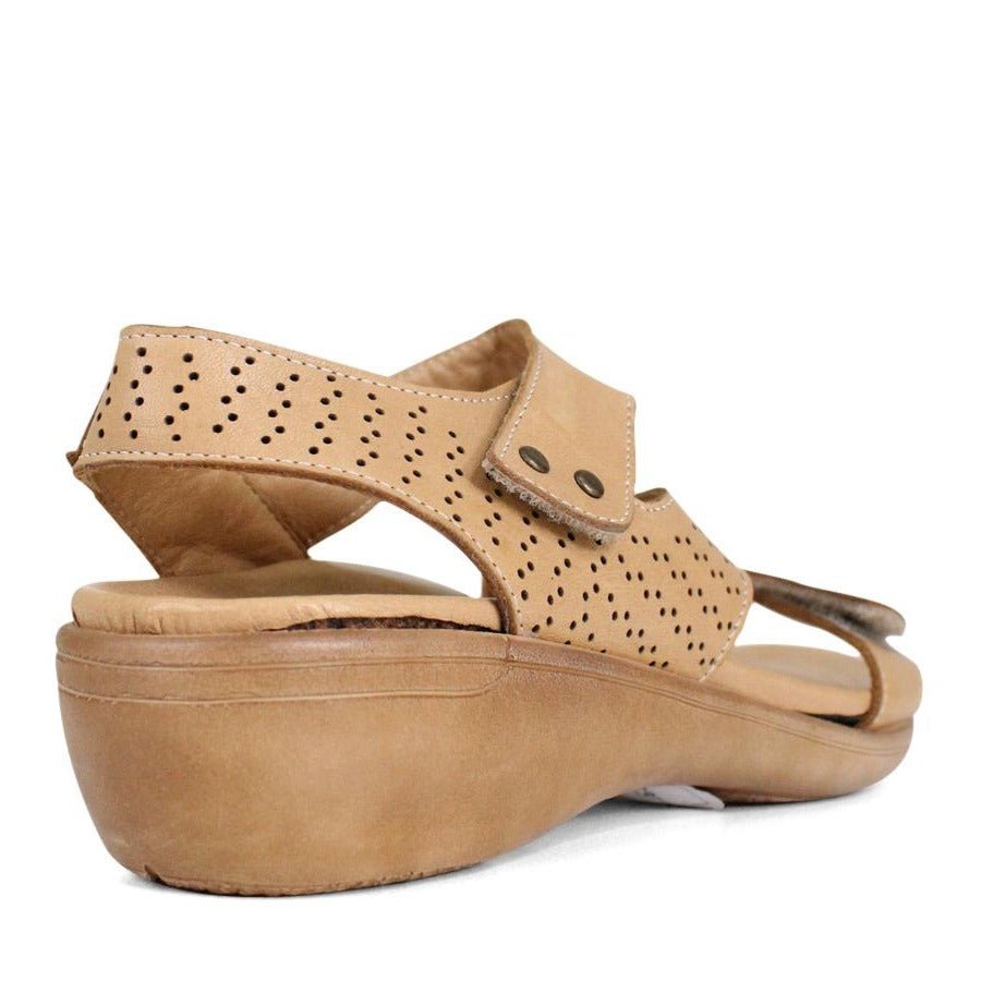 BACK VIEW OF BEIGE SANDAL WITH 3 ADJUSTABLE STRAPS AND PERFORATED DETAILLING 