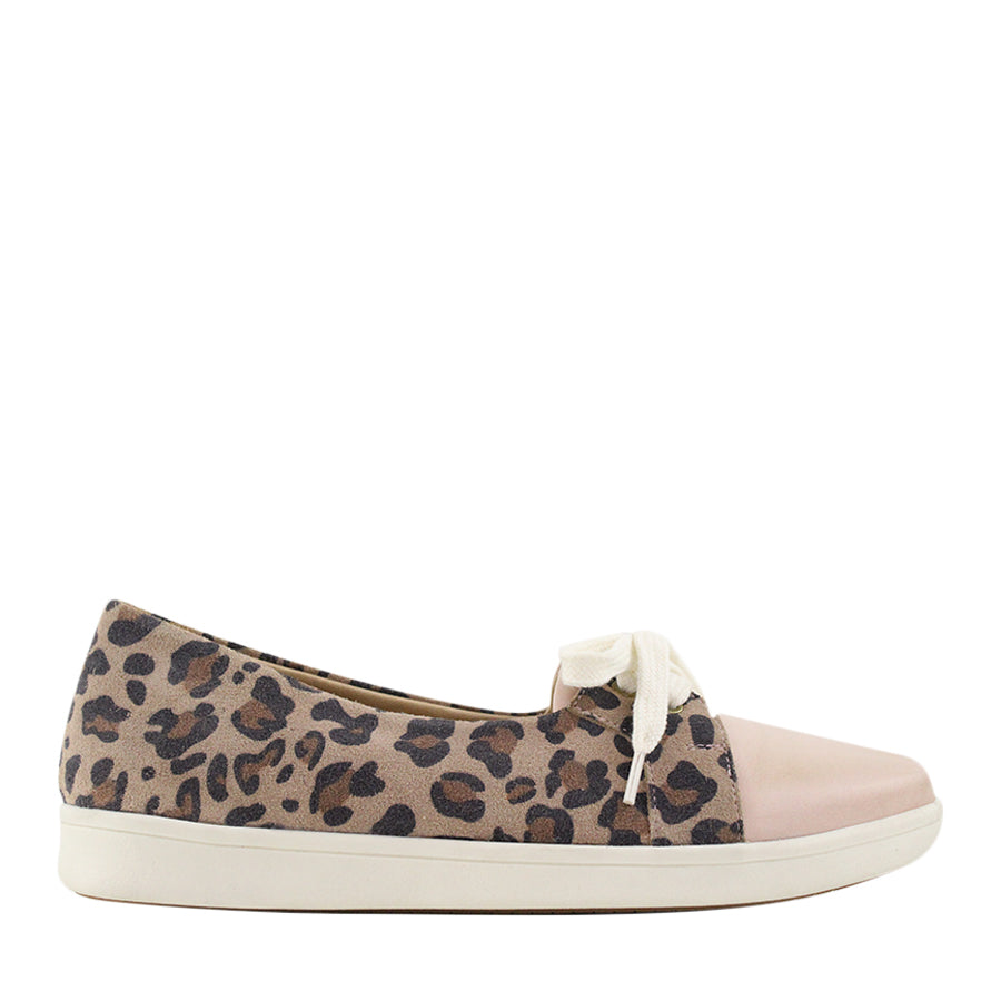  SIDE VIEW OF LEOPARD PRINT CASUAL SHOE WITH LACES AND PINK TOE 
