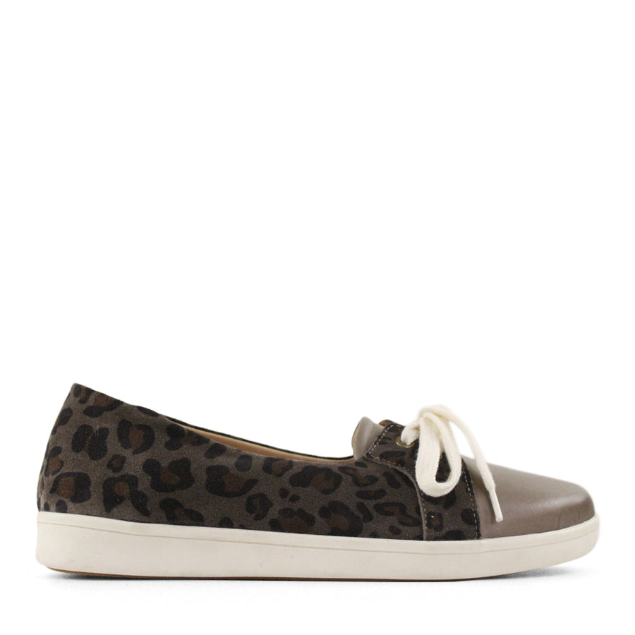 SIDE VIEW OF LEOPARD PRINT CASUAL SHOE WITH LACES AND GREY TOE 