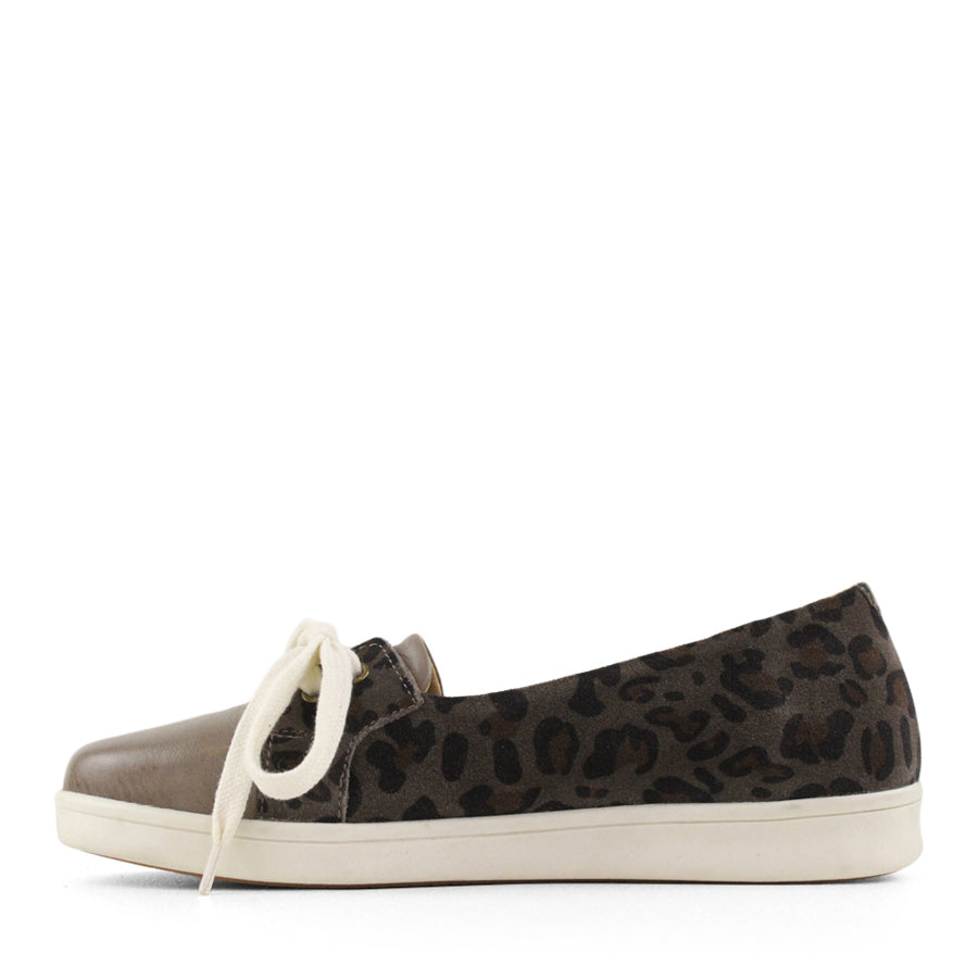SIDE VIEW OF LEOPARD PRINT CASUAL SHOE WITH LACES AND GREY TOE 