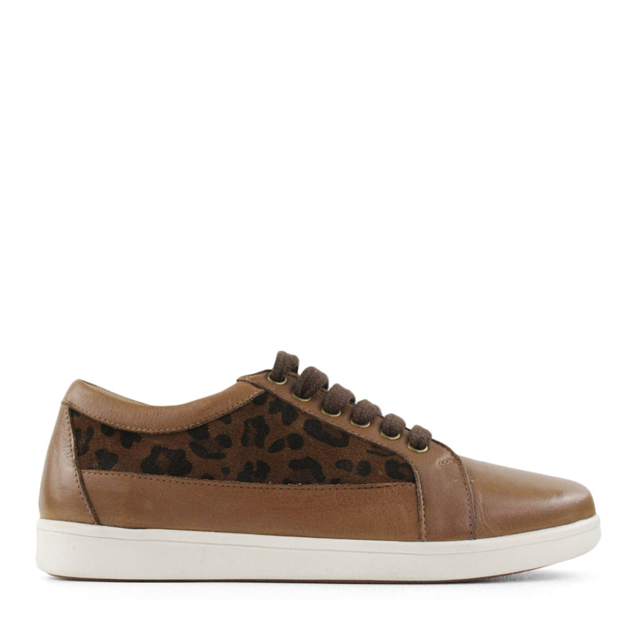SIDE VIEW OF BROWN LEOPARD PRINT LACE UP SNEAKER WITH WHITE SOLE 