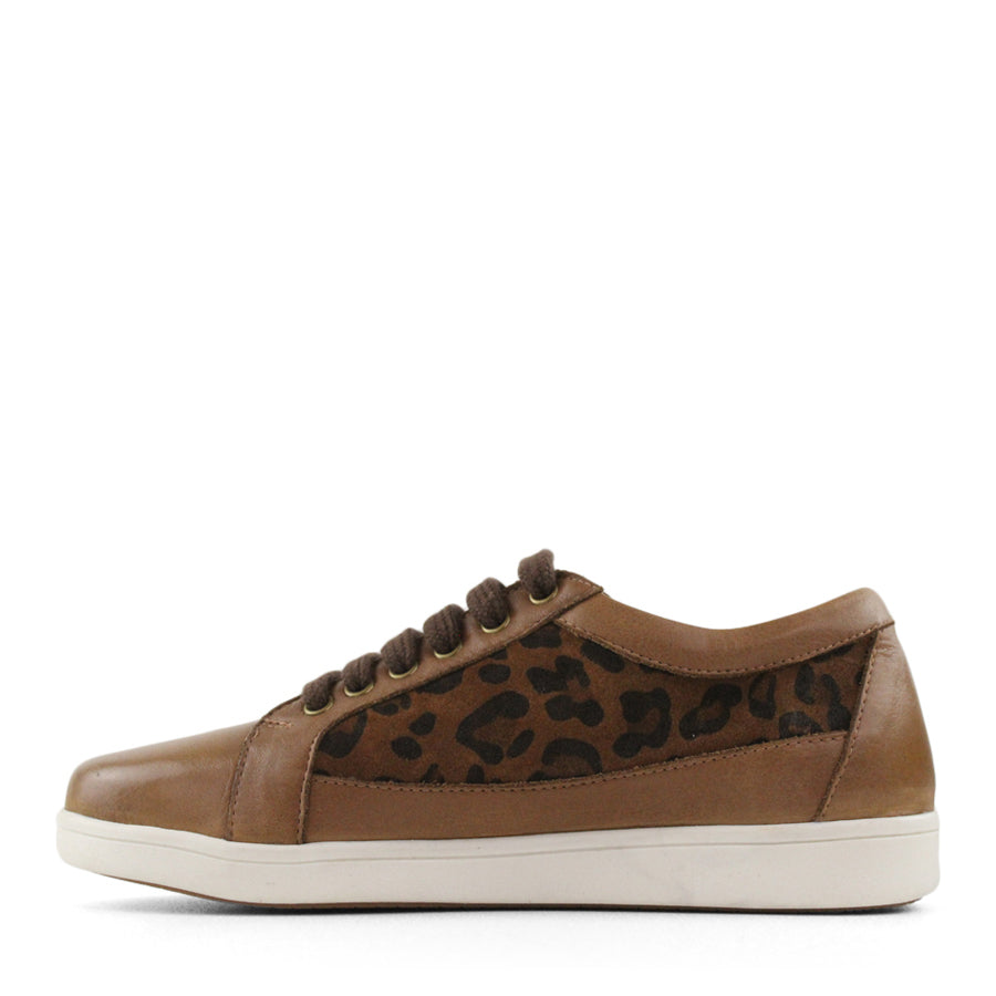 SIDE VIEW OF BROWN LEOPARD PRINT LACE UP SNEAKER WITH WHITE SOLE 
