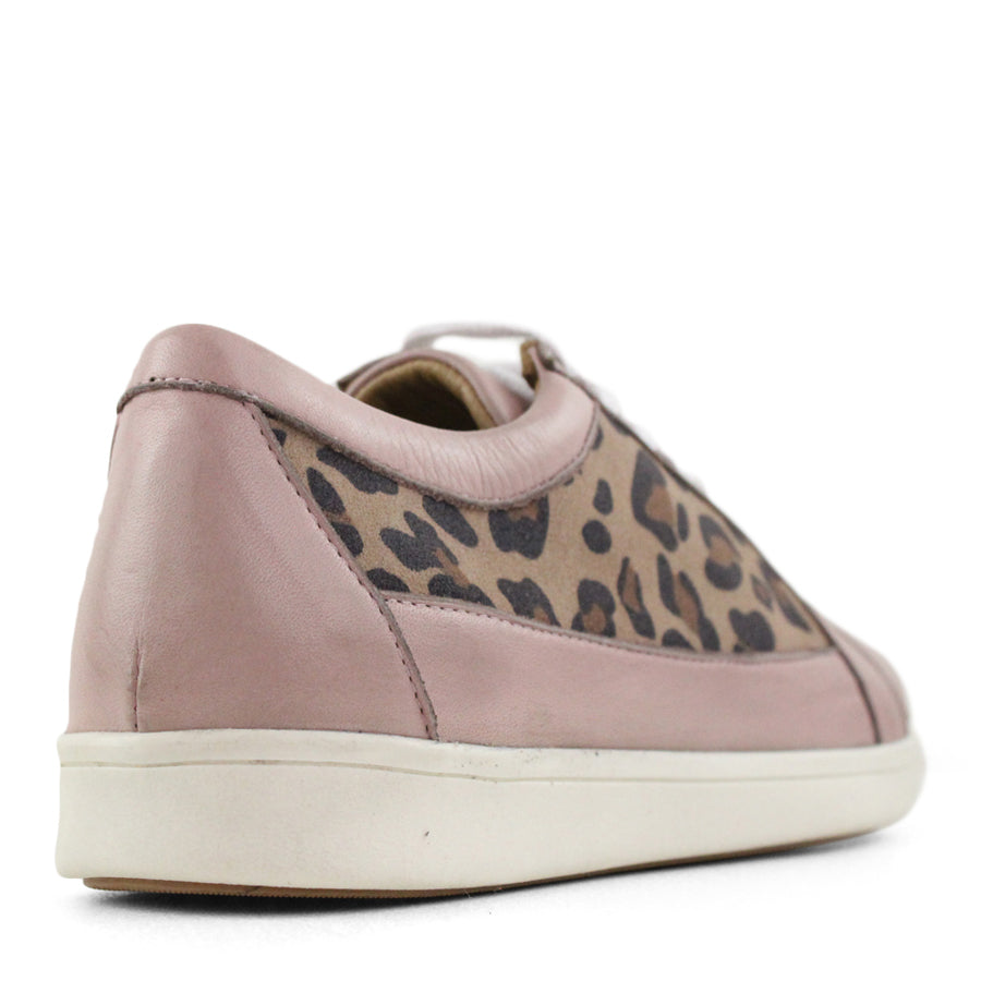 BACK VIEW OF PINK LEOPARD PRINT LACE UP SNEAKER WITH WHITE SOLE 