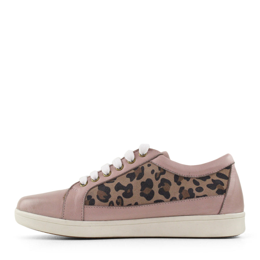 SIDE VIEW OF PINK LEOPARD PRINT LACE UP SNEAKER WITH WHITE SOLE 
