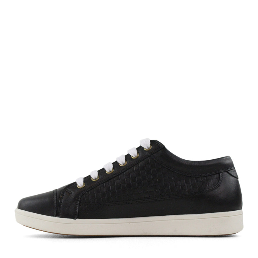  SIDE VIEW OF BLACK LACE UP SNEAKER WITH WHITE SOLE