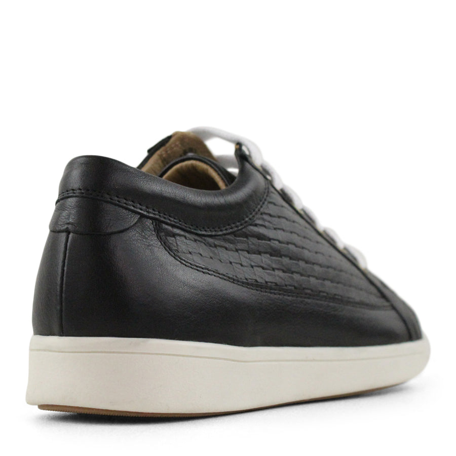 BACK VIEW OF BLACK LACE UP SNEAKER WITH WHITE SOLE