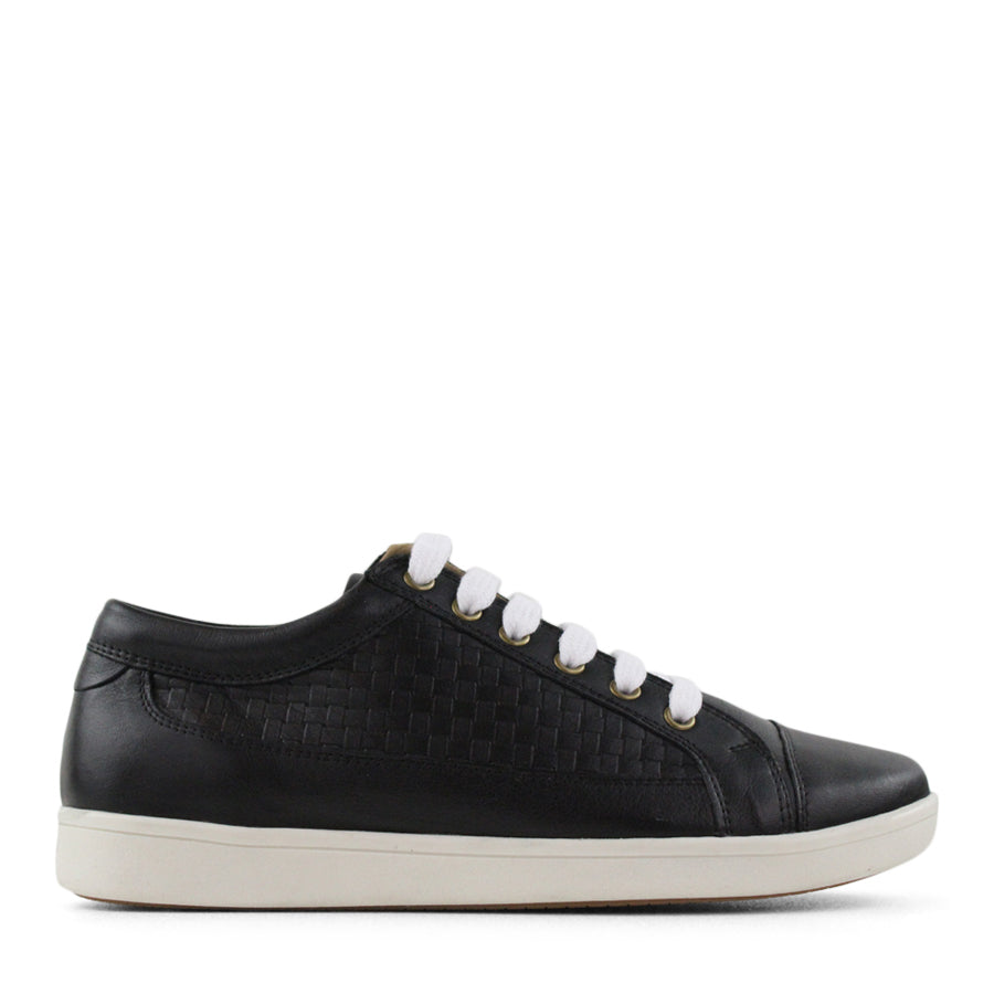  SIDE VIEW OF BLACK LACE UP SNEAKER WITH WHITE SOLE