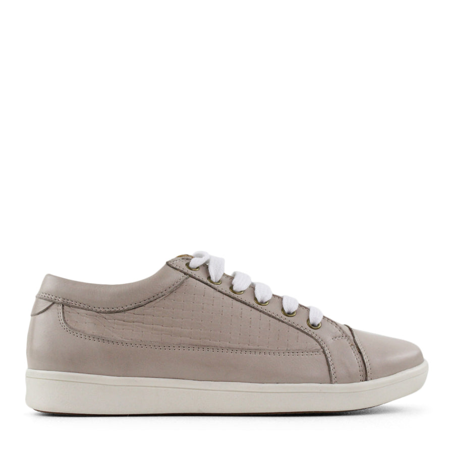 SIDE VIEW OF GREY LACE UP SNEAKER WITH WHITE SOLE