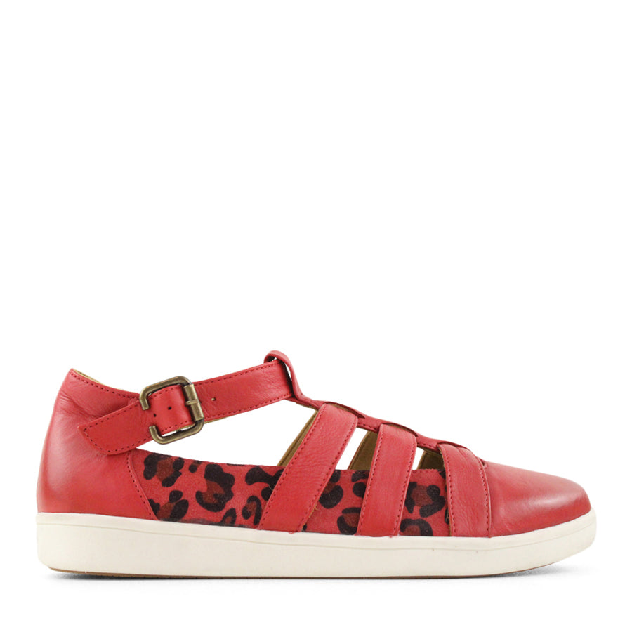 SIDE VIEW OF RED T BAR SANDAL WITH CUT OUT DETAILING, BUCKLE AND LEOPARD PRINT PANELS  
