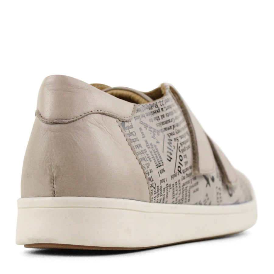 BACK VIEW OF BEIGE NEWSPAPER PRINT SNEAKER WITH TWO VELCRO STRAPS AND WHITE SOLE  
