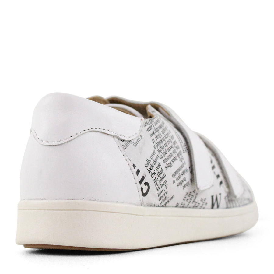 BACK VIEW OF WHITE NEWSPAPER PRINT SNEAKER WITH TWO VELCRO STRAPS AND WHITE SOLE 
