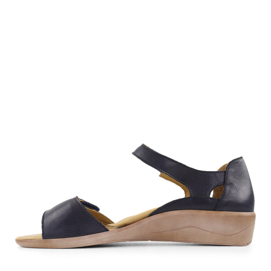 SIDE VIEW OF NAVY SANDAL WITH VELCRO STRAP AND SMALL HEEL 