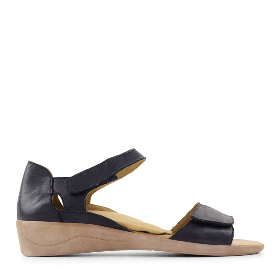 SIDE VIEW OF NAVY SANDAL WITH VELCRO STRAP AND SMALL HEEL 