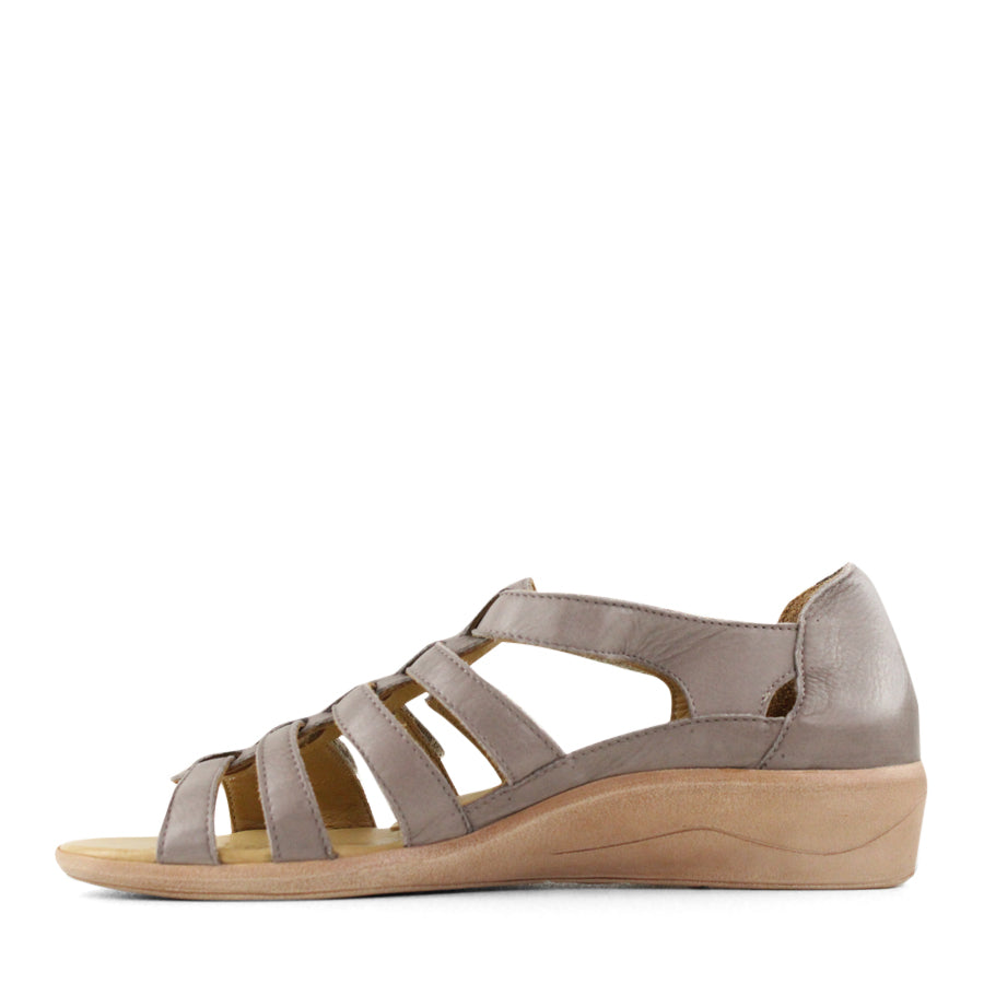 SIDE VIEW OF GREY T BAR SANDAL WITH VELCRO STRAP AND SMALL HEEL 