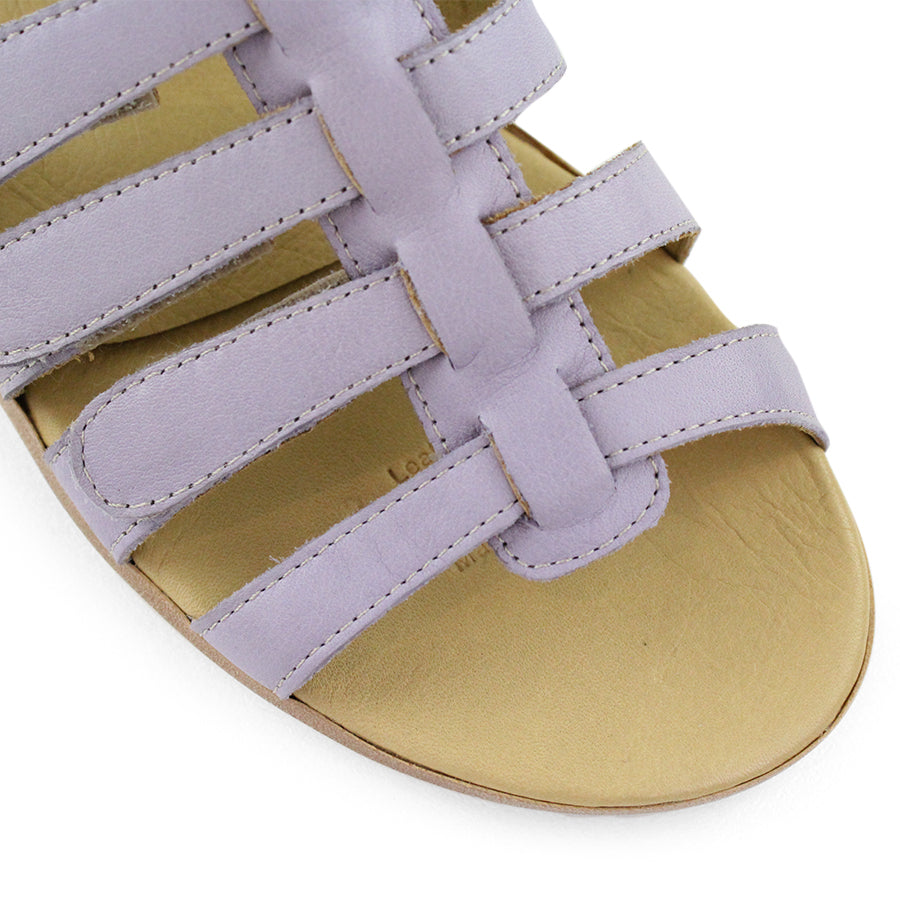 FRONT VIEW OF LILAC T BAR SANDAL WITH VELCRO STRAP AND SMALL HEEL 