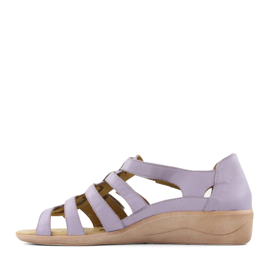 SIDE VIEW OF LILAC T BAR SANDAL WITH VELCRO STRAP AND SMALL HEEL 