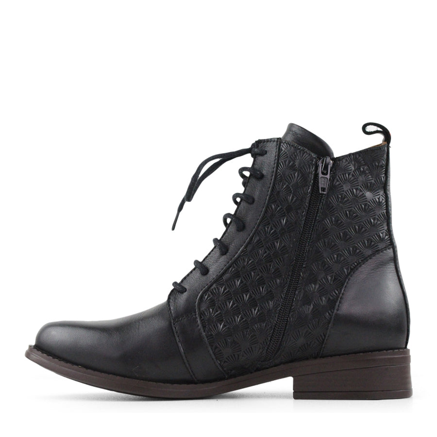  SIDE VIEW OF BLACK ANKLE LACE UP BOOT WITH PATTERNED LEATHER DETAILS 