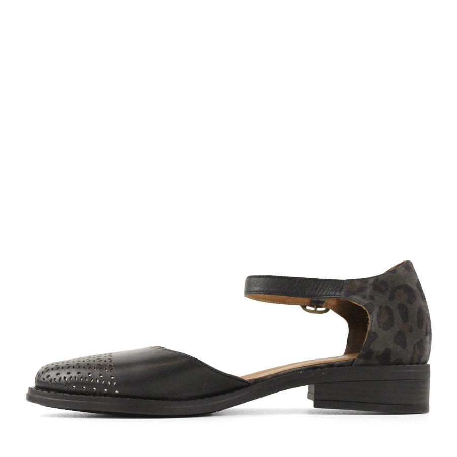  SIDE VIEW BLACK MARY JANE STYLE FLAT WITH LEOPARD PRINT AND CUTOUT DETAILING