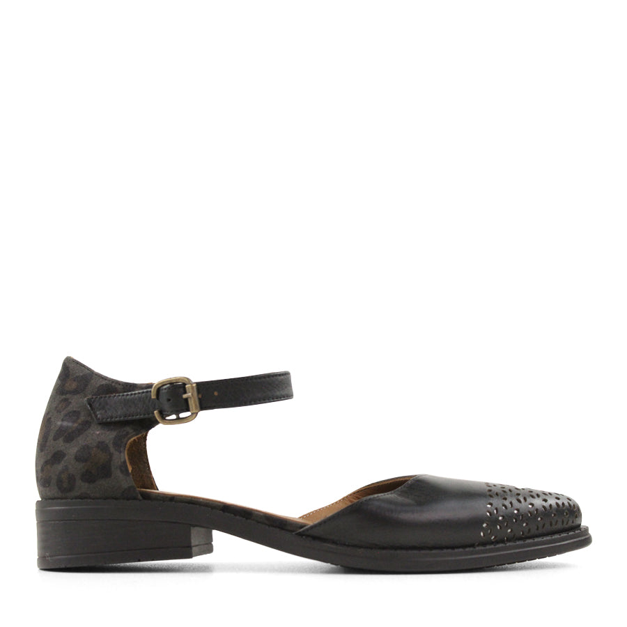  SIDE VIEW BLACK MARY JANE STYLE FLAT WITH LEOPARD PRINT AND CUTOUT DETAILING