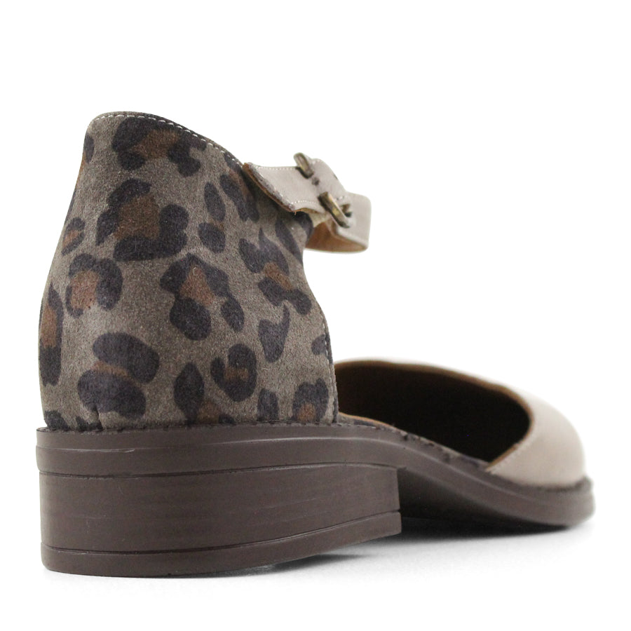 BACK VIEW GREY MARY JANE STYLE FLAT WITH LEOPARD PRINT AND CUTOUT DETAILING