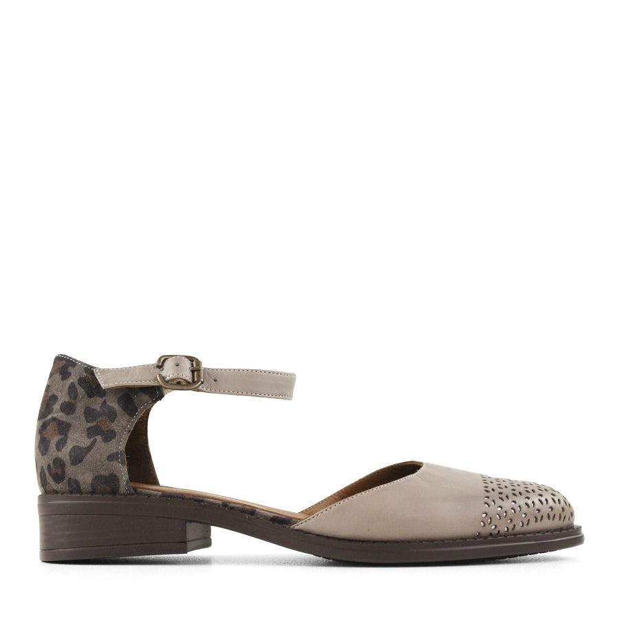 SIDE VIEW GREY MARY JANE STYLE FLAT WITH LEOPARD PRINT AND CUTOUT DETAILING