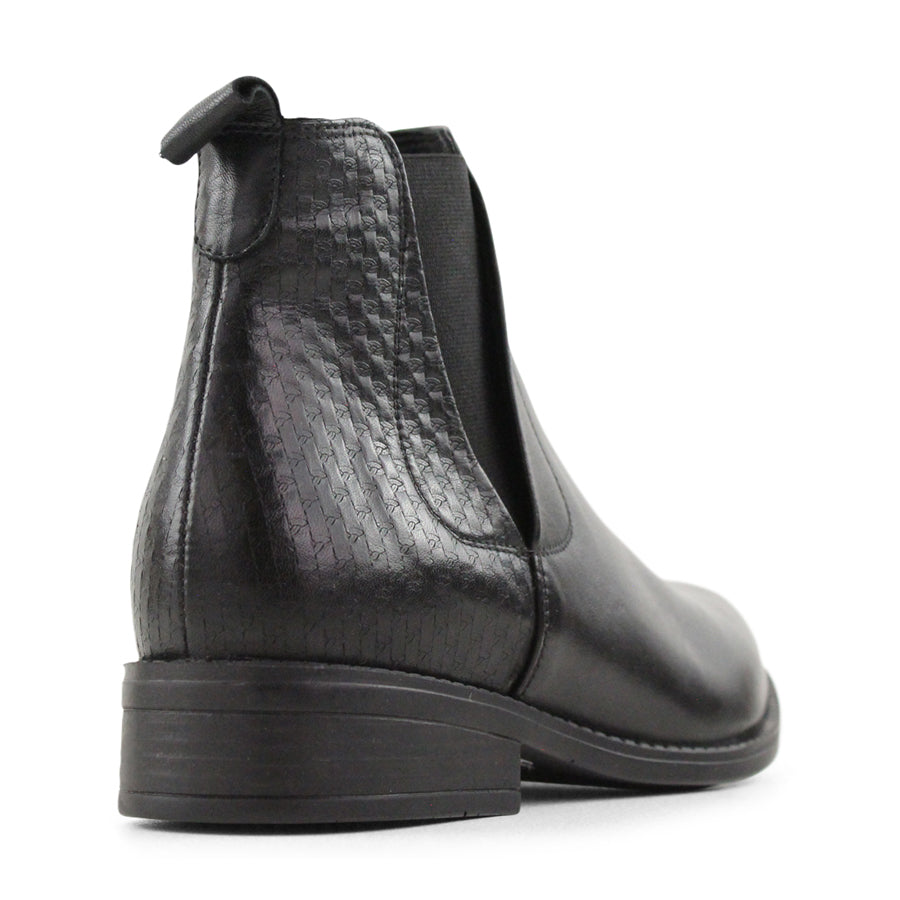 BACK VIEW OF BLACK LEATHER ANKLE BOOT WITH SMALL HEEL
