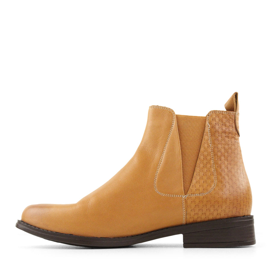 SIDE VIEW OF YELLOW LEATHER ANKLE BOOT WITH SMALL HEEL 